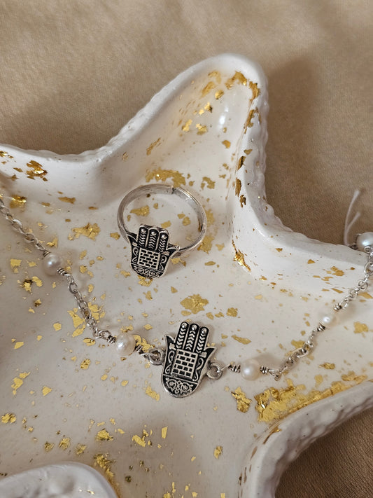 Vintage Hand of Fatima Silver & Pearl Set
