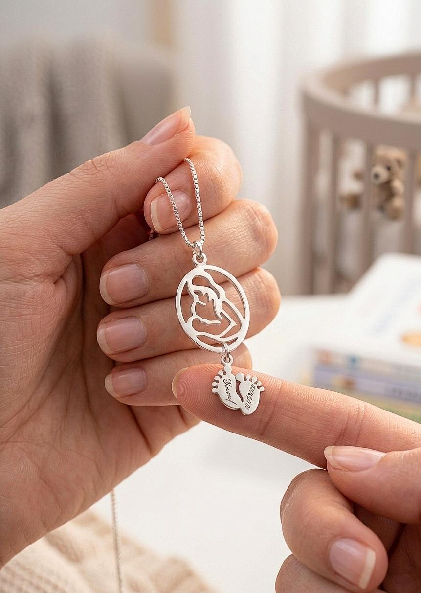 Custom Mother & Child Pendant with Engraved Baby Feet Charm