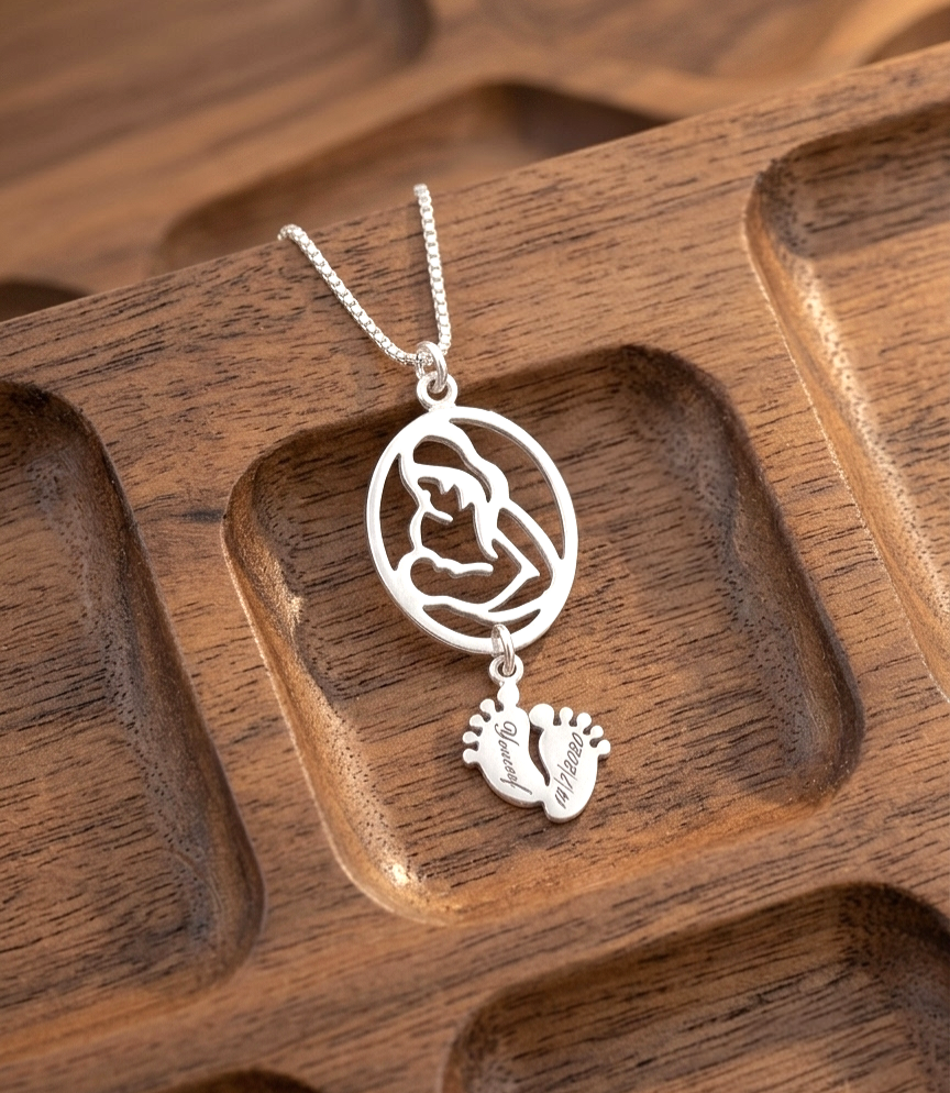Custom Mother & Child Pendant with Engraved Baby Feet Charm