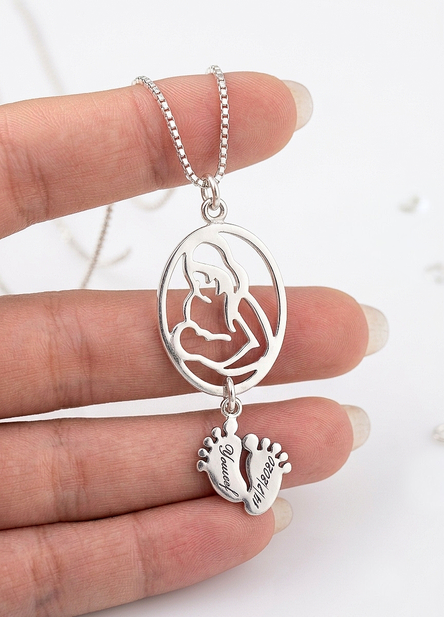 Custom Mother & Child Pendant with Engraved Baby Feet Charm