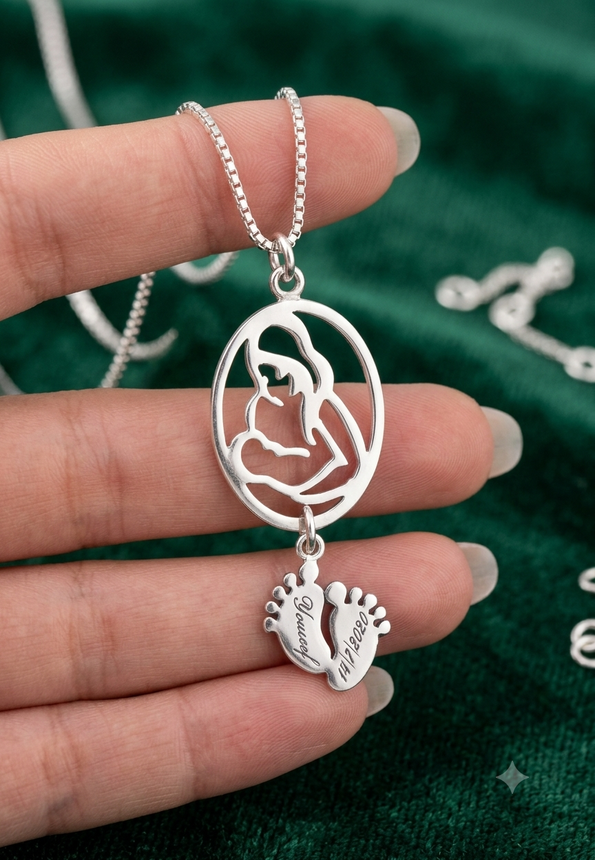 Custom Mother & Child Pendant with Engraved Baby Feet Charm